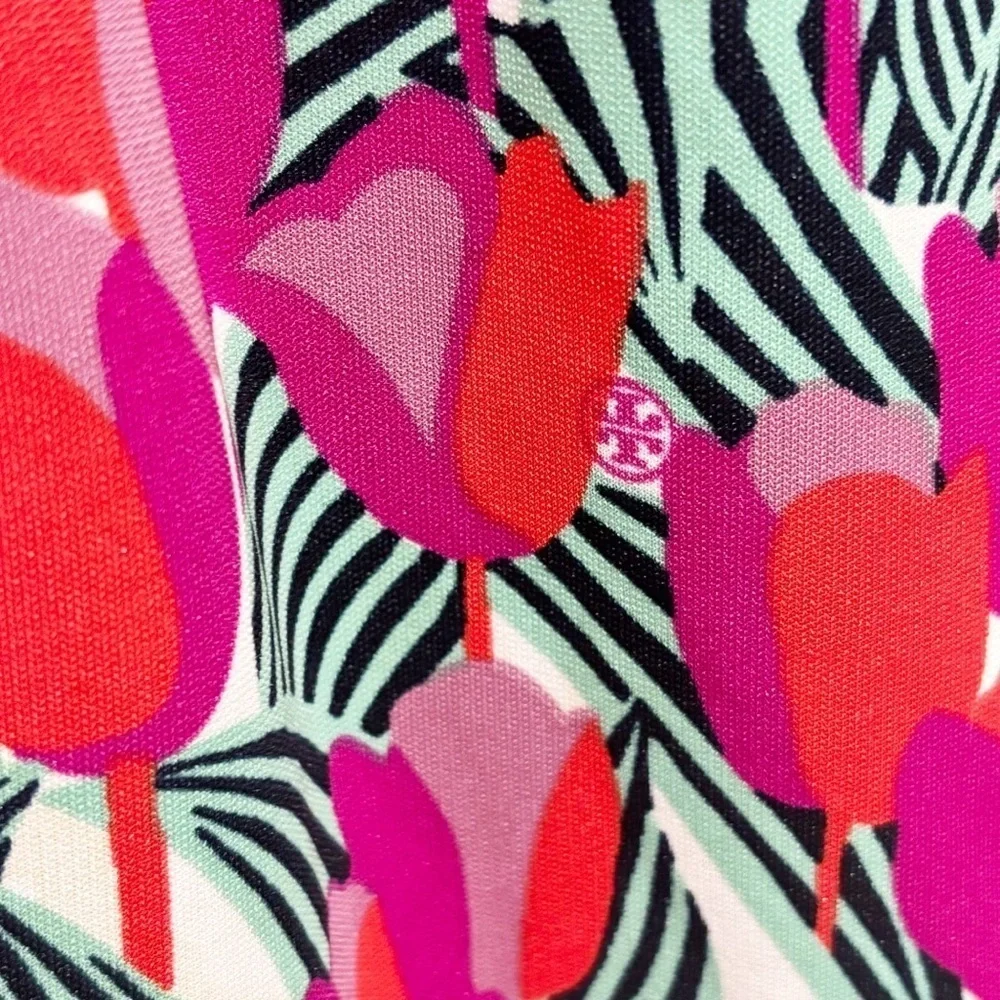 TORY BURCH Women’s Pink Blue Tulip AUGUSTINA Floral V-Neck Logo Dress Tie Sz XS